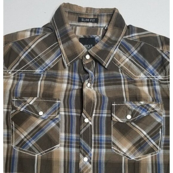 Various Artists Long Sleeve Front Snap Brown Plaid Western Shirt Mens M Slim Fit - Picture 2 of 15